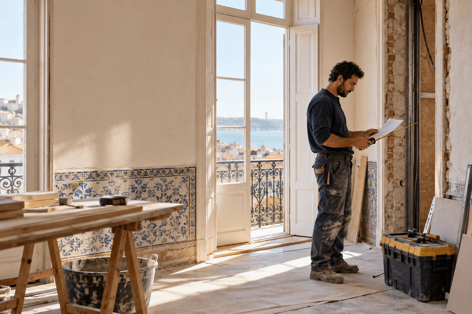 Profissional a preparar uma remodelação num apartamento
